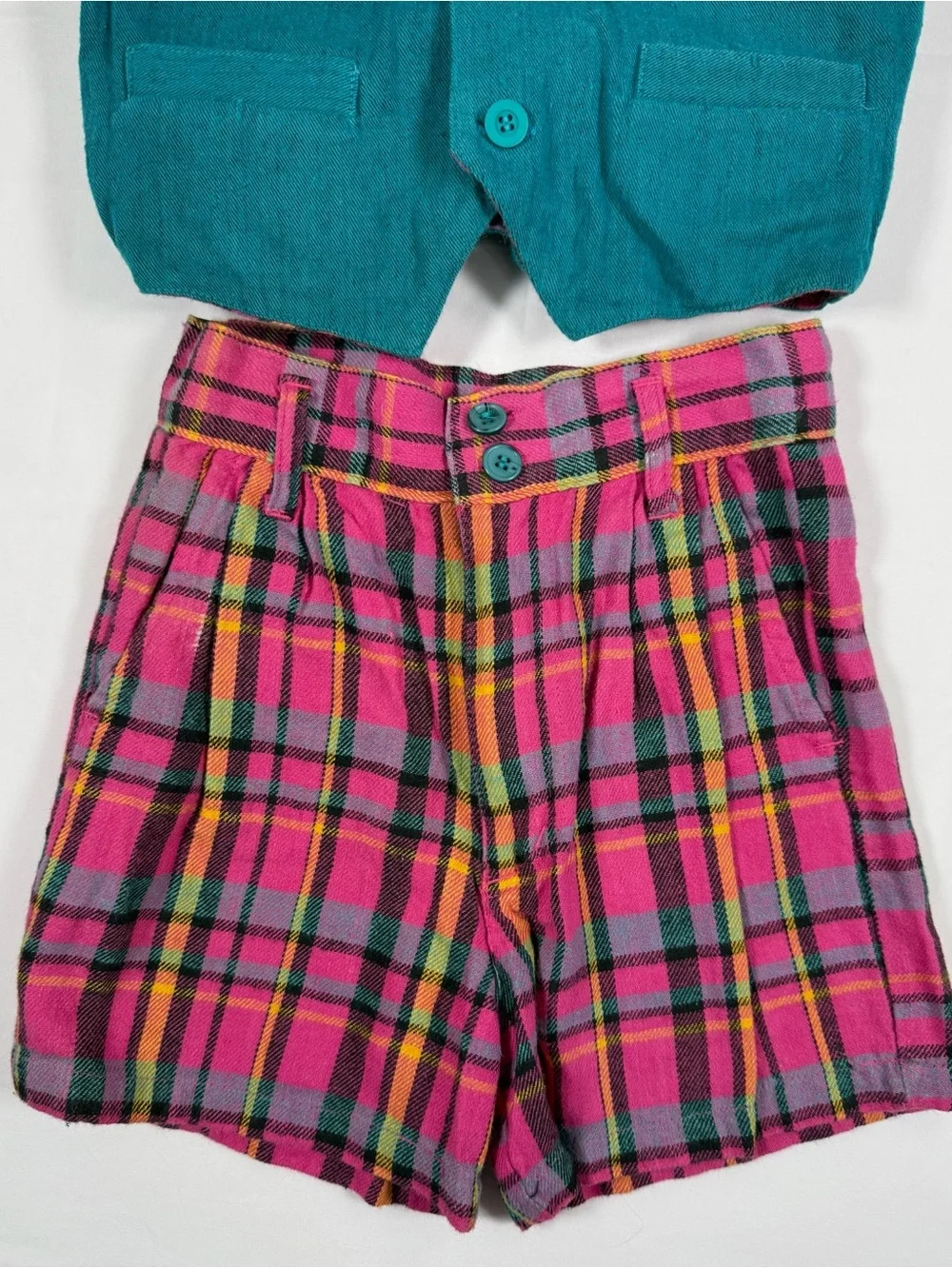VINTAGE YAKKITY YAK 1990s Reversible Plaid Vest & Shorts Set Size 5 Cotton Rayon